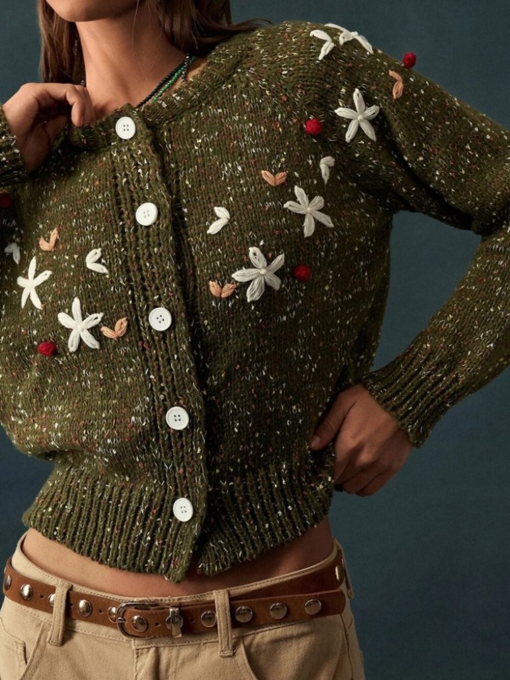 Olive Green Marled Speckled Floral Embroidered Button Front Cardigan